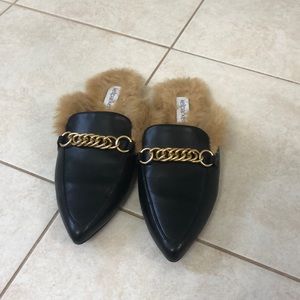 Kell Parker black mule flats with tan fur
